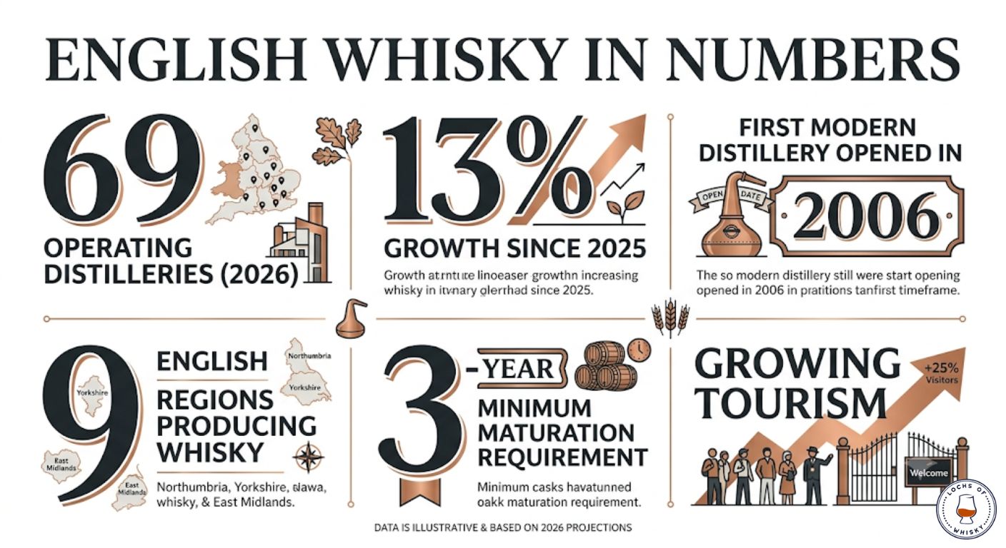 Infographic presenting key statistics about the English whisky industry including distillery numbers, regions and visitor experiences.