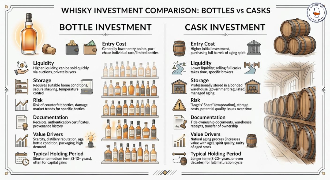 Comparison infographic showing the differences between whisky bottle investment and whisky cask investment, including costs, storage, liquidity and value drivers.