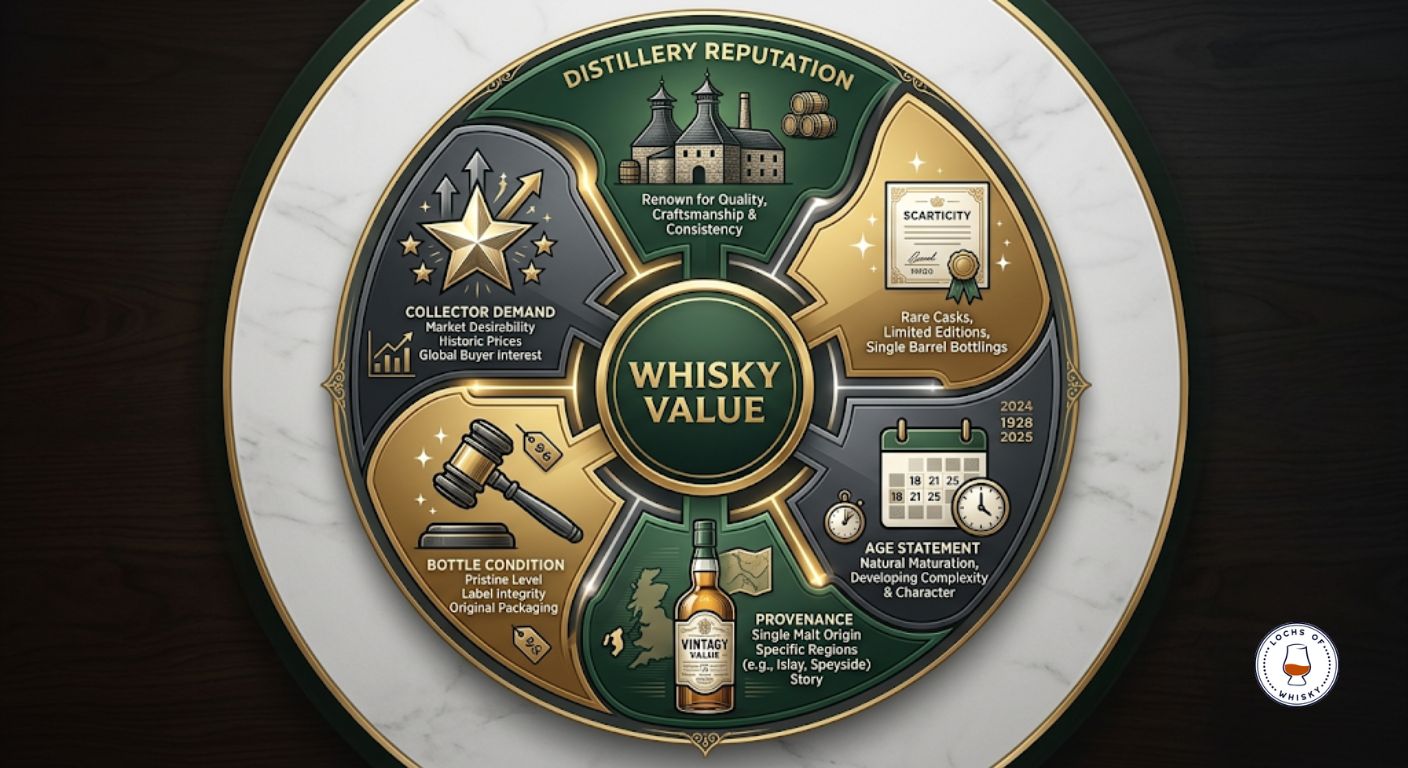 Diagram illustrating the main factors that determine the value of collectible whisky bottles and casks.