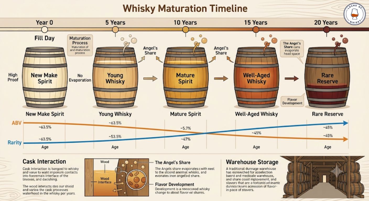 Timeline showing how whisky matures in a cask over time and how the Angel's Share gradually reduces liquid volume.