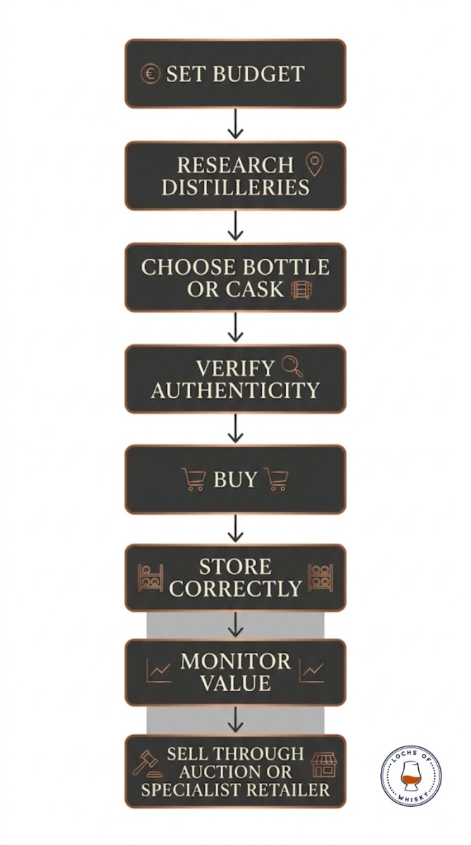 Flowchart illustrating the complete whisky investment journey from research and purchase through storage and eventual resale.