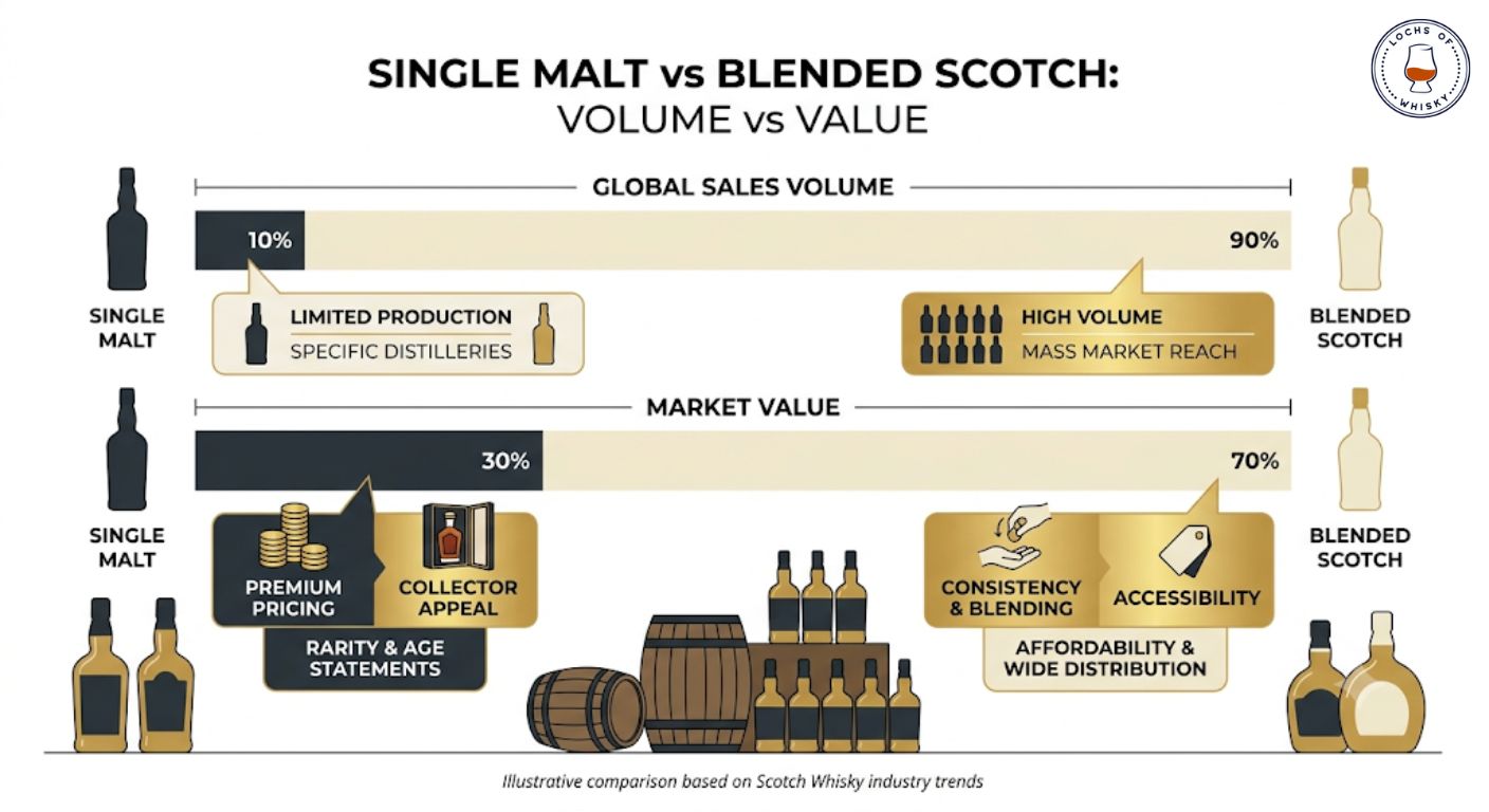 Infographic comparing blended Scotch and single malt Scotch by market volume and market value.