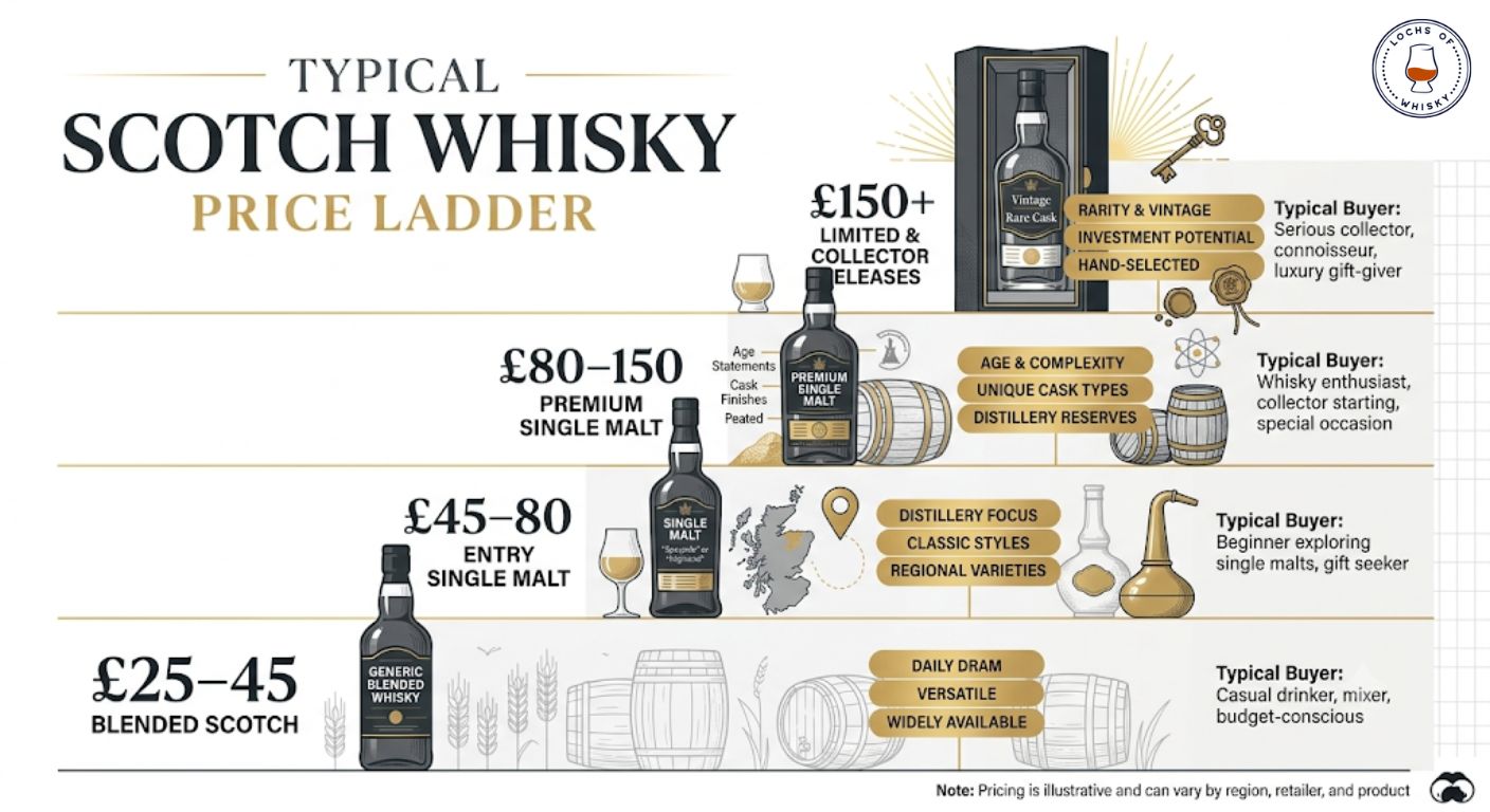 Infographic showing the typical price ladder from blended Scotch to premium collector single malts.