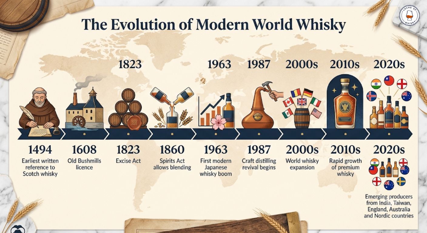 Timeline showing key milestones in the development of whisky production around the world.