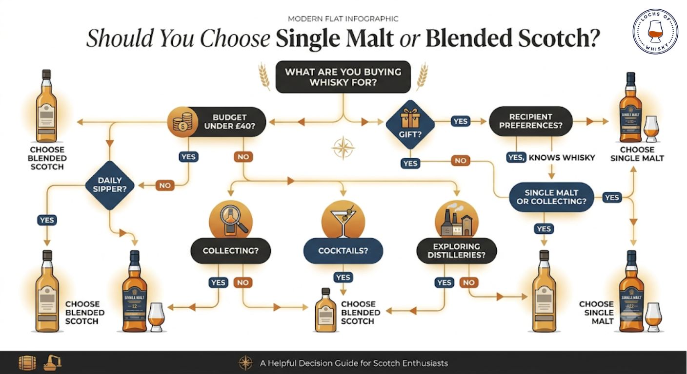 Decision tree infographic helping readers choose between single malt and blended Scotch based on budget and purpose.