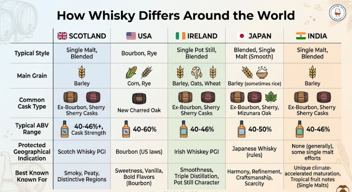 Comparison chart highlighting how the world's major whisky-producing countries differ in style, production and regulations.