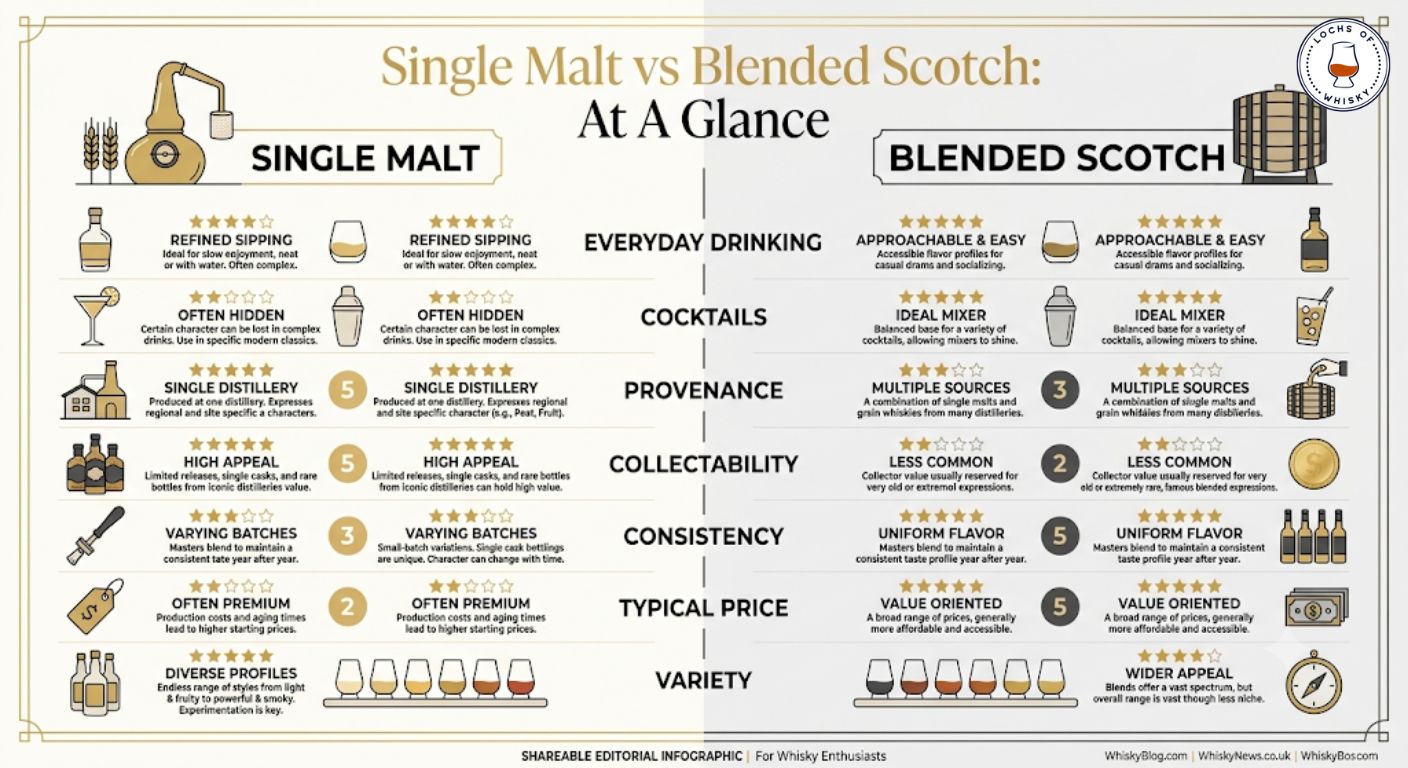 Side-by-side infographic comparing the key differences between single malt and blended Scotch whisky.