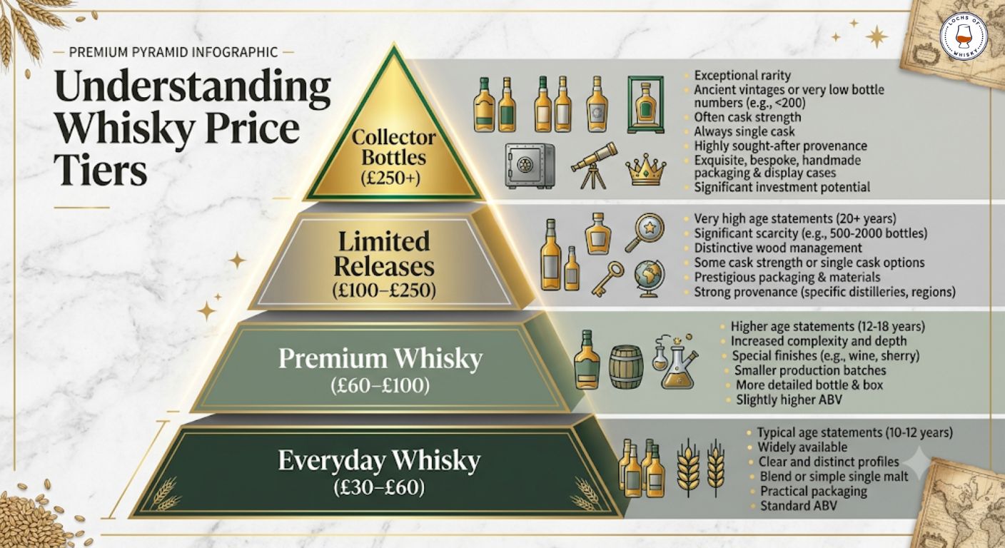 Pyramid illustrating the different price tiers within the whisky market and the characteristics commonly found at each level.