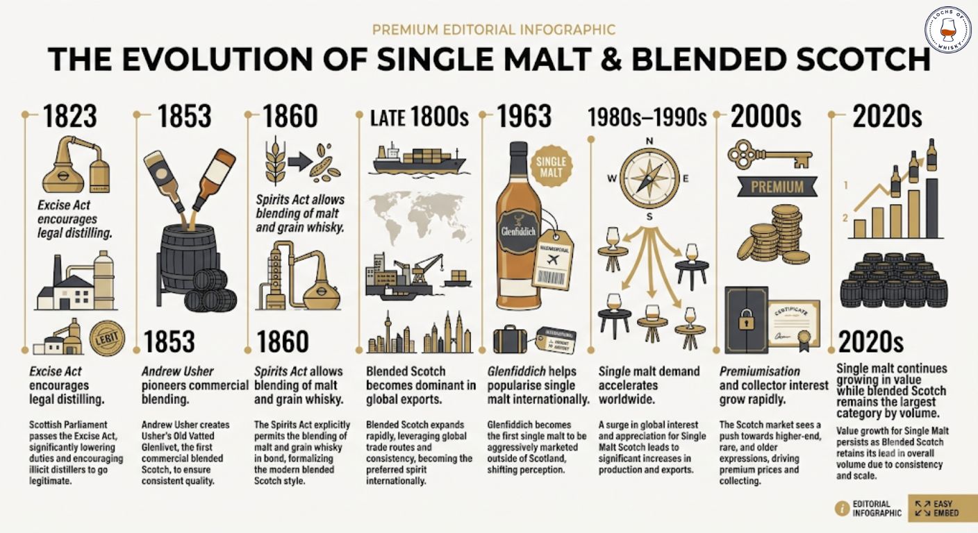 Timeline infographic showing the major historical milestones in the development of single malt and blended Scotch whisky from 1823 to the present day.