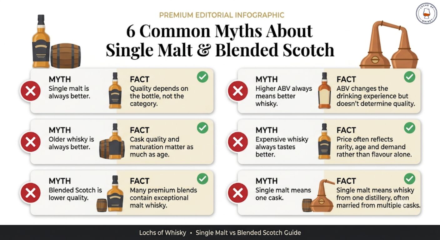 Infographic debunking six common myths about single malt and blended Scotch whisky using myth-versus-fact comparisons.