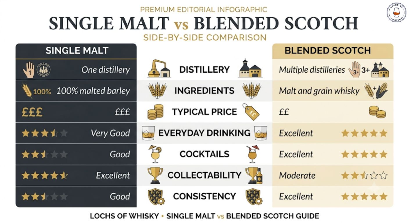 Side-by-side infographic comparing single malt and blended Scotch across production, ingredients, price, collectability, cocktails, consistency and everyday drinking.