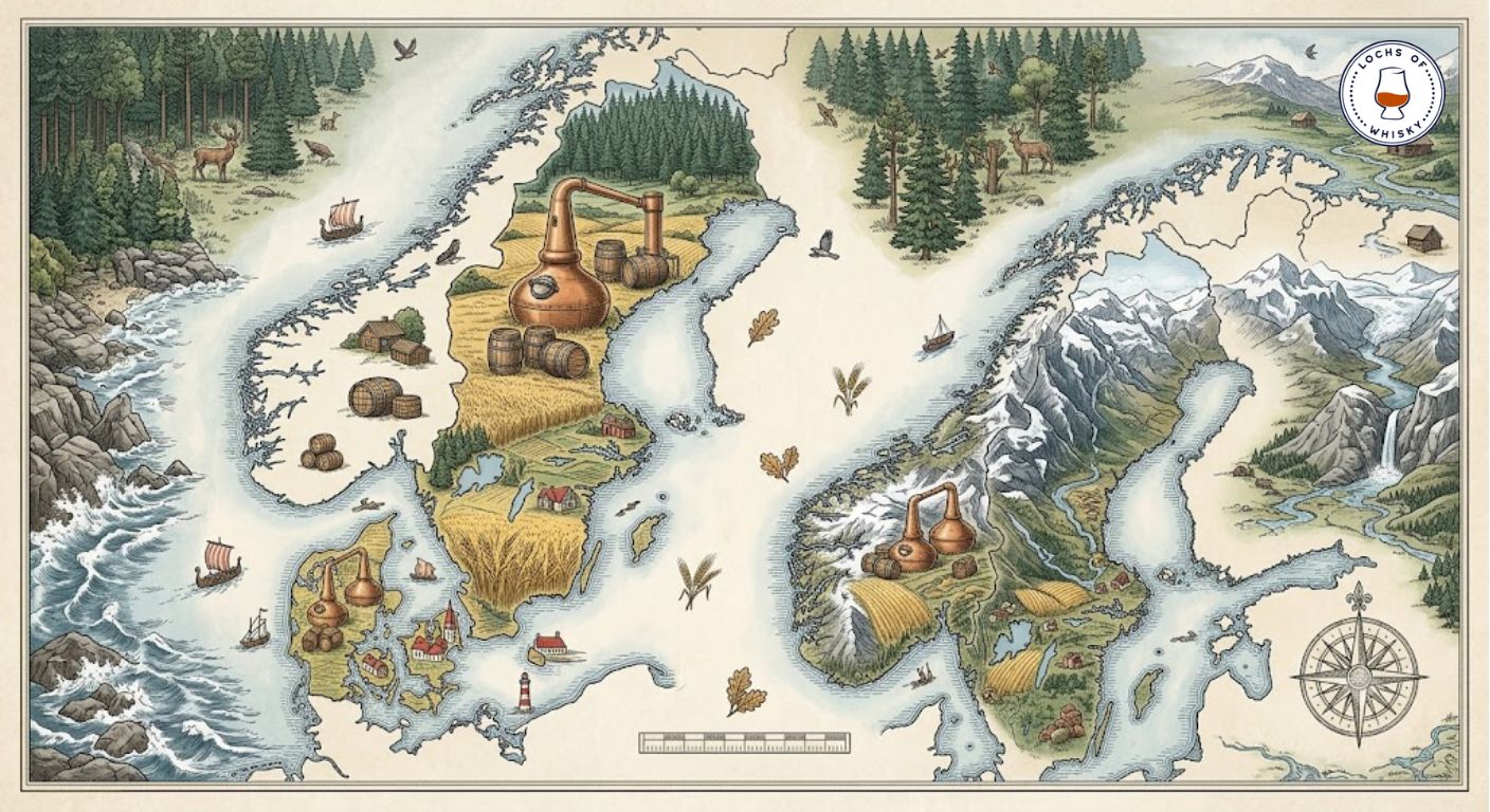 Map illustrating the whisky-producing countries of Sweden, Denmark and Norway.