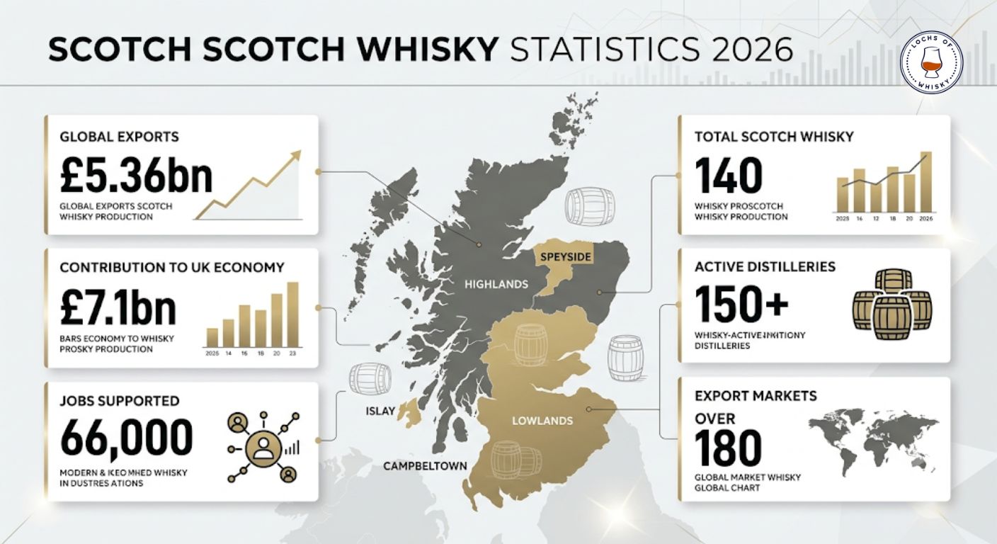 Infographic showing the key Scotch whisky industry statistics for 2026 including exports, economic contribution, jobs and active distilleries.