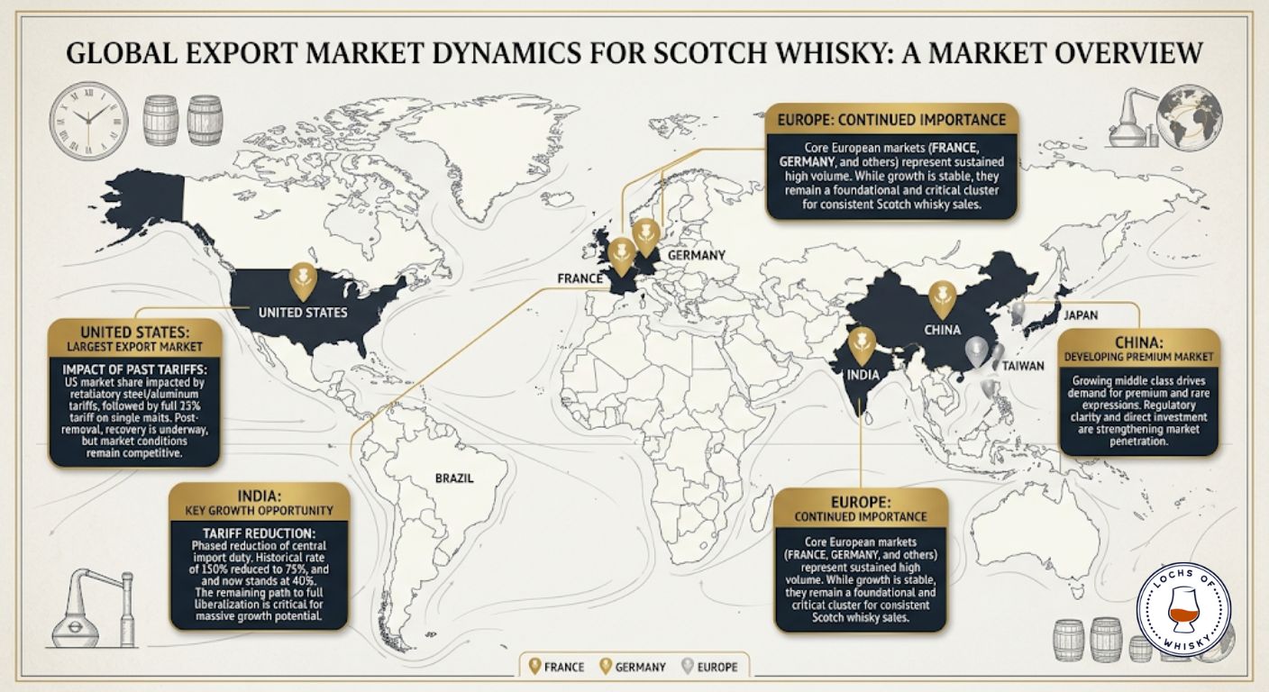World map showing the largest export markets for Scotch whisky and major international trade trends.