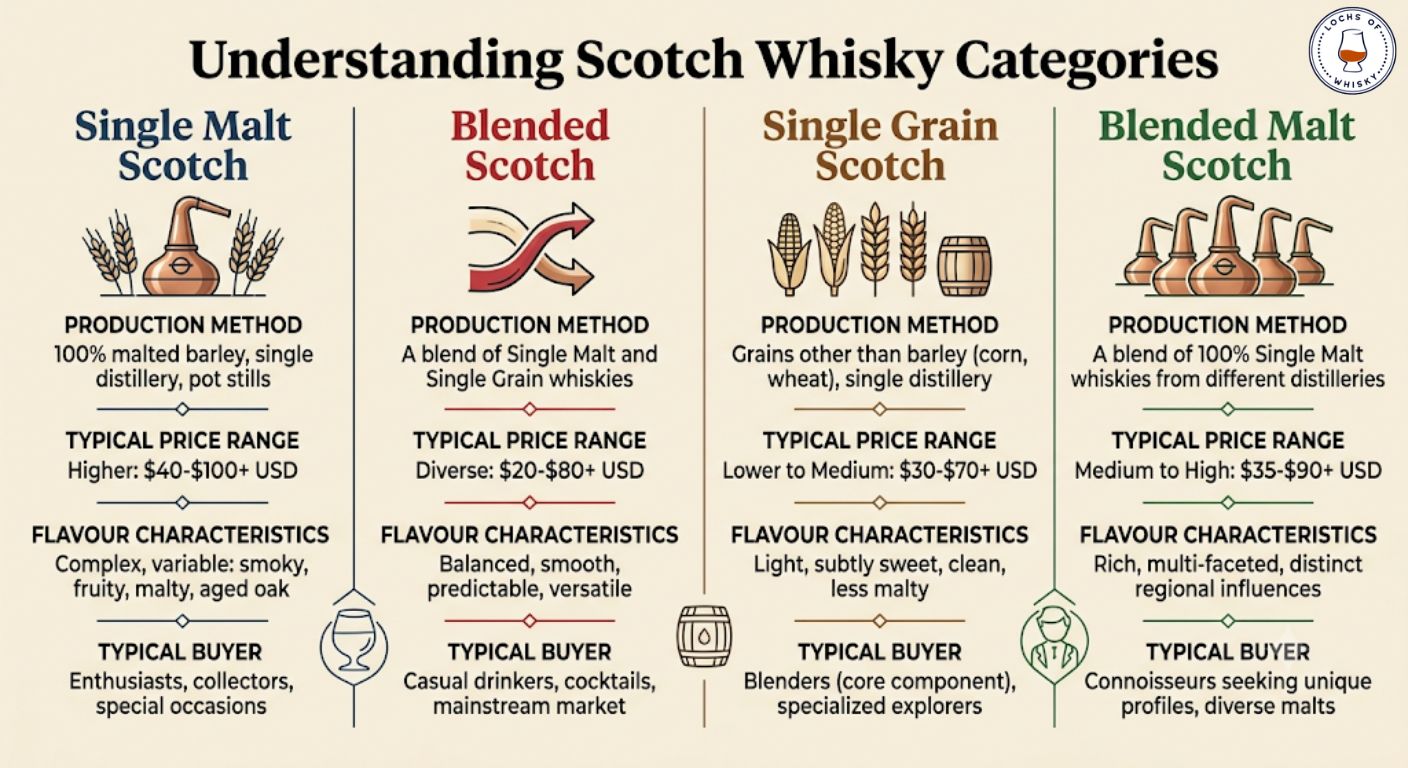 Comparison infographic explaining the differences between single malt, blended Scotch, single grain and blended malt whisky.
