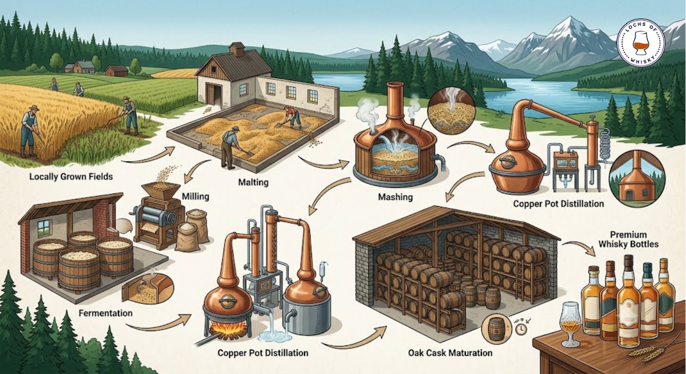Illustration showing the production process of Scandinavian whisky from grain to bottle.