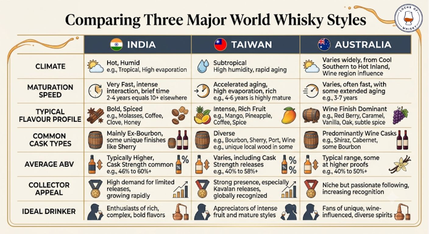 Comparison table showing the main differences between Indian, Taiwanese and Australian whisky styles.