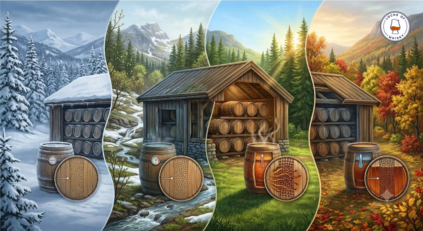 Scandinavian seasons influencing whisky maturation inside oak casks.