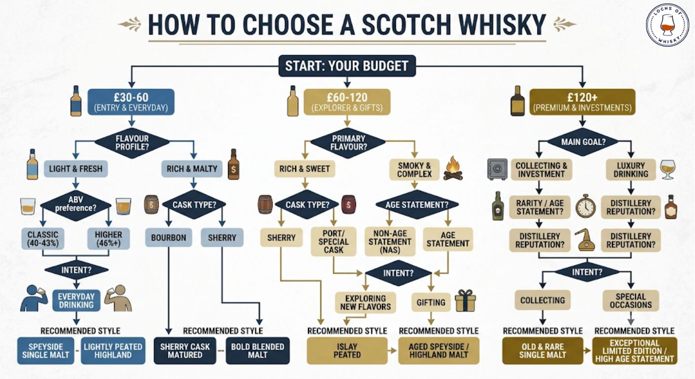 Flowchart showing how to choose a Scotch whisky based on budget, flavour preference, ABV and cask type.