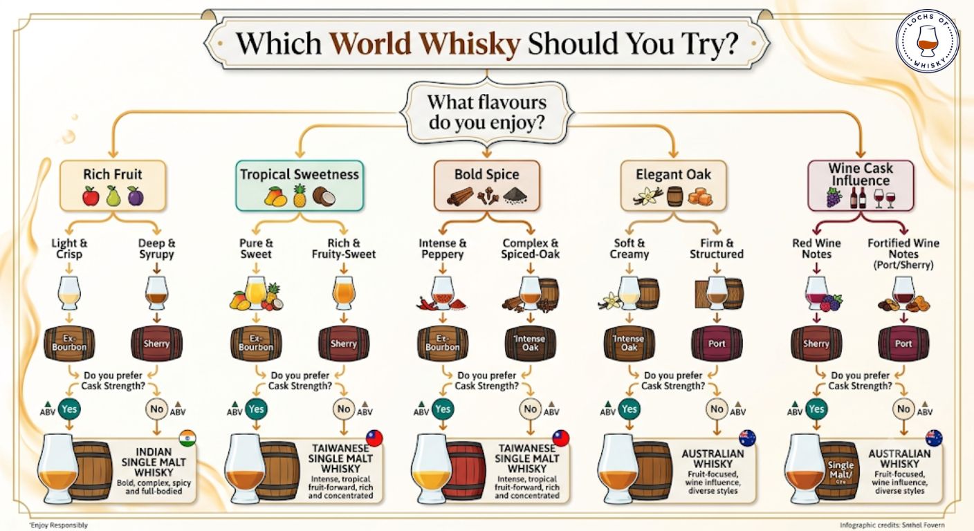 Decision tree helping readers choose between Indian, Taiwanese and Australian whisky based on flavour preferences.