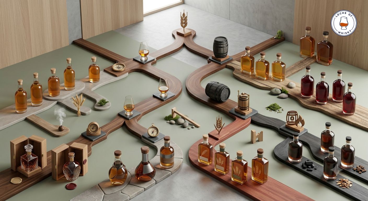 Visual guide showing different routes for choosing Scandinavian whisky based on buyer preferences.
