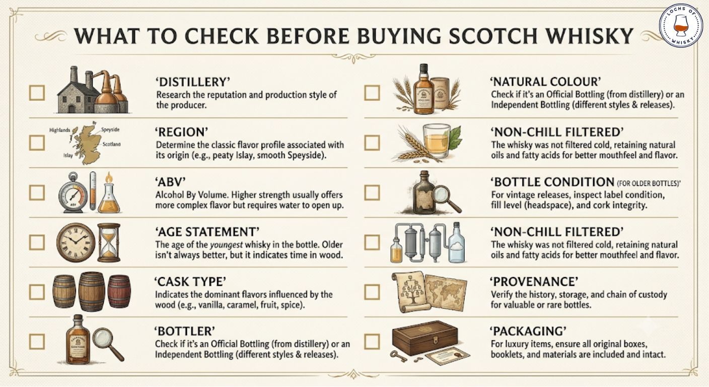 Buyer checklist showing the most important factors to consider before purchasing a bottle of Scotch whisky.