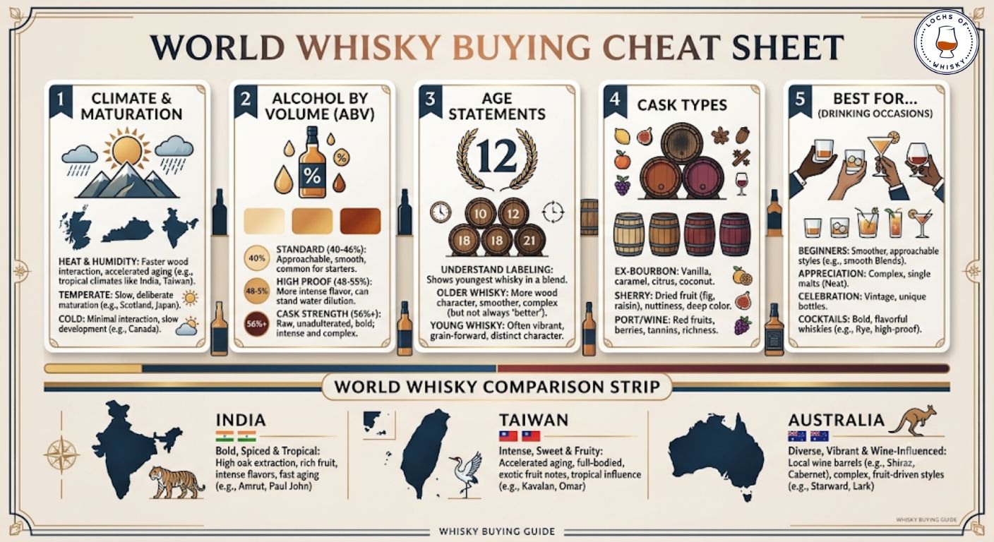 Quick-reference guide summarising the key differences between Indian, Taiwanese and Australian whisky.