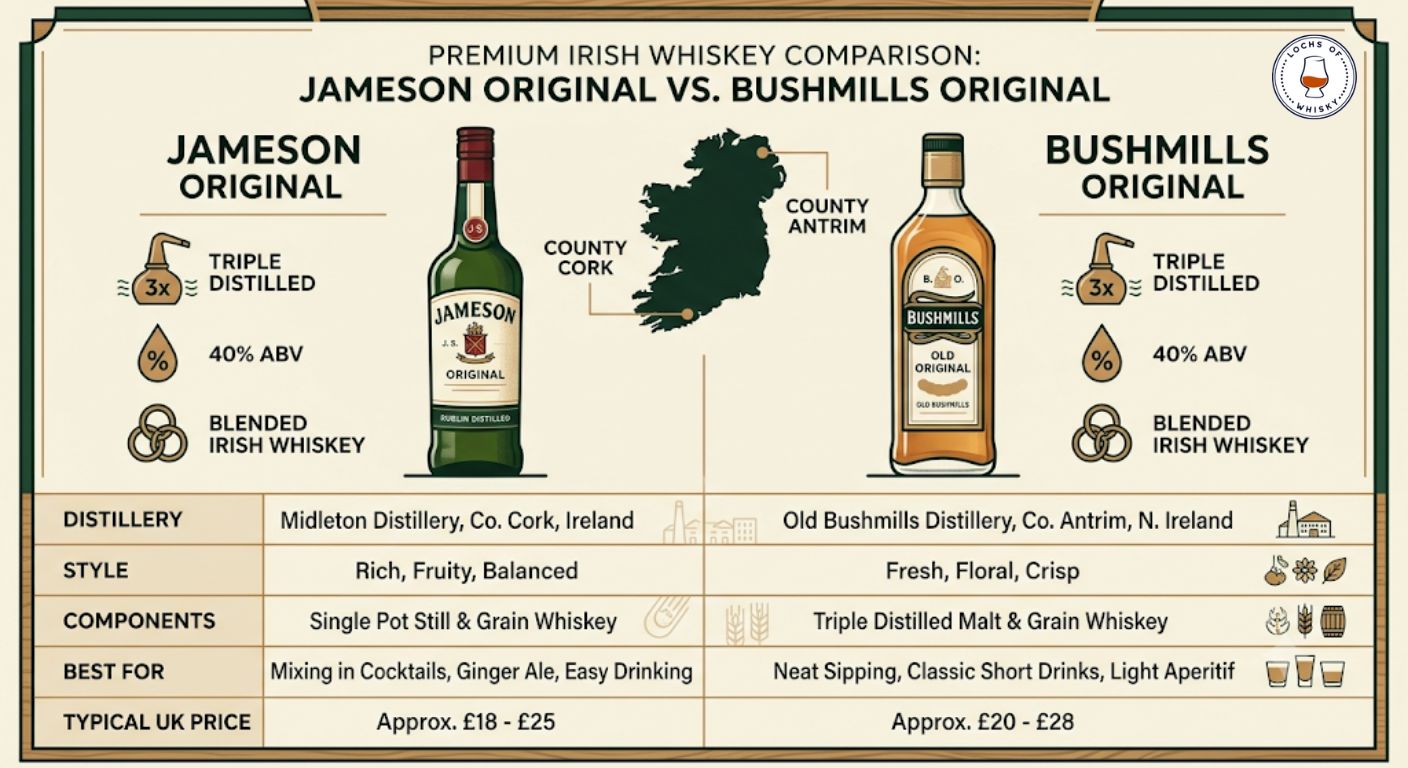 Comparison infographic showing the main differences between Jameson Original and Bushmills Original including style, production, flavour profile, ABV and recommended drinking occasions.