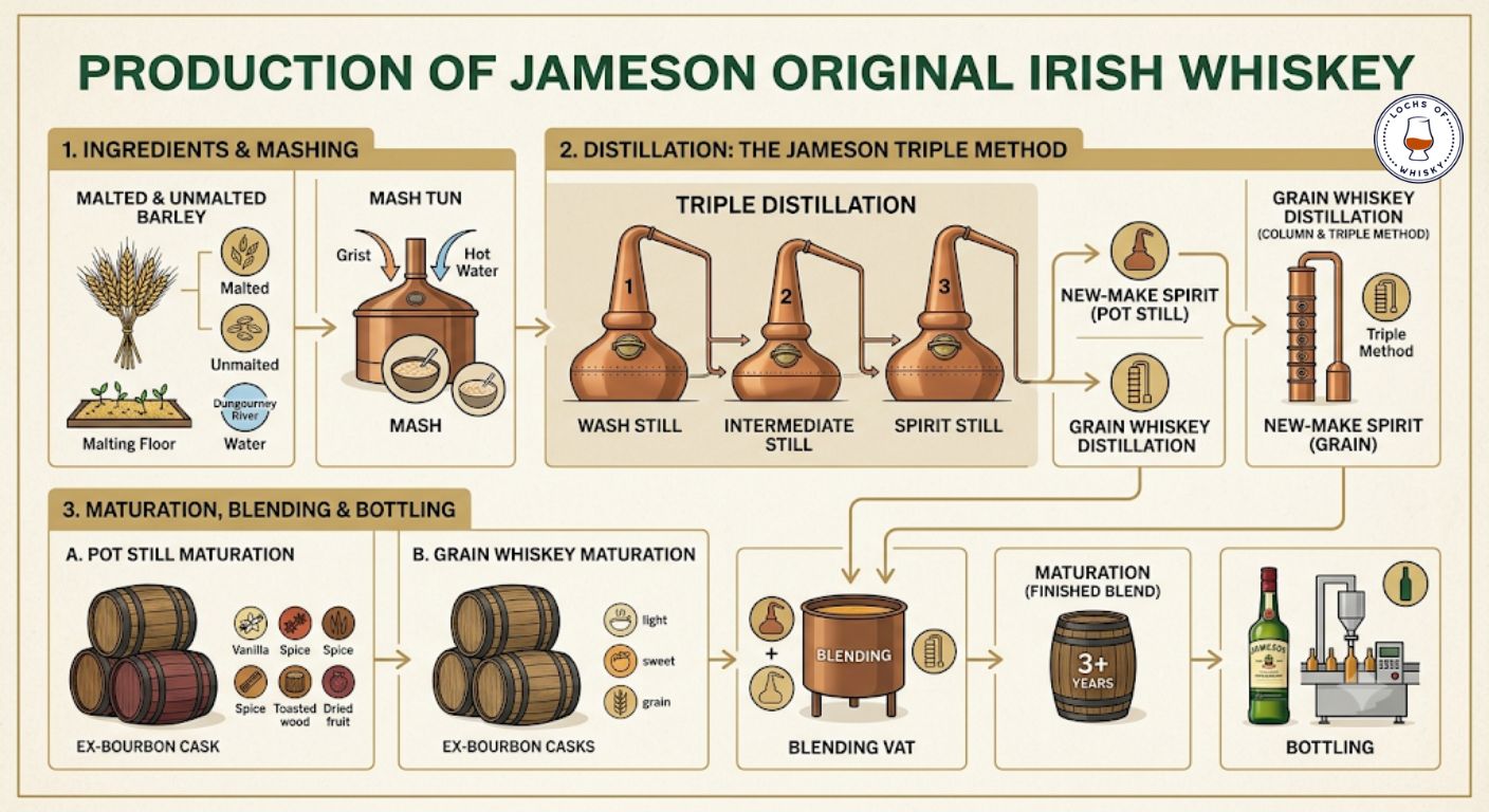 Flowchart illustrating how Jameson Original is made from grain selection through triple distillation, blending and cask maturation.