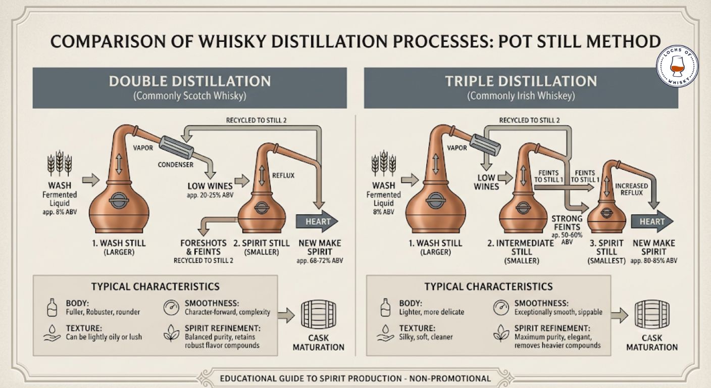 Educational comparison showing the difference between double and triple distillation and how an additional distillation influences spirit character.
