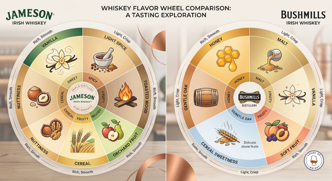 Side-by-side flavour wheel comparing the typical tasting characteristics of Jameson Original and Bushmills Original Irish whiskeys.