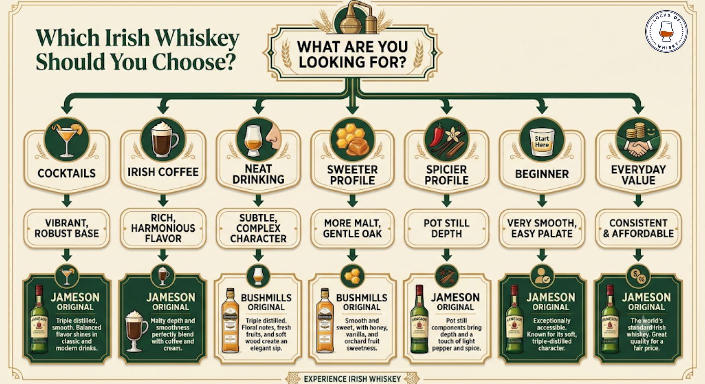 Decision tree helping readers choose between Jameson Original and Bushmills Original based on flavour preferences and drinking style.