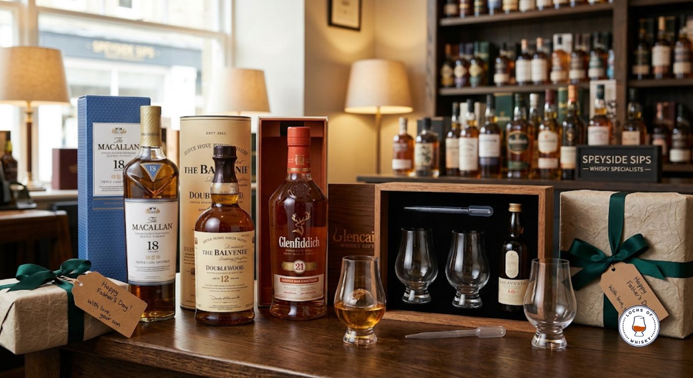 Premium Father's Day whisky gift selection featuring whisky bottles, gift packaging and Glencairn glasses.