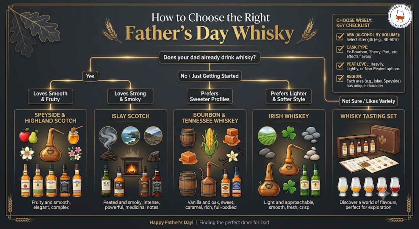 Decision tree showing how to choose the right Father's Day whisky based on flavour preferences and whisky style.