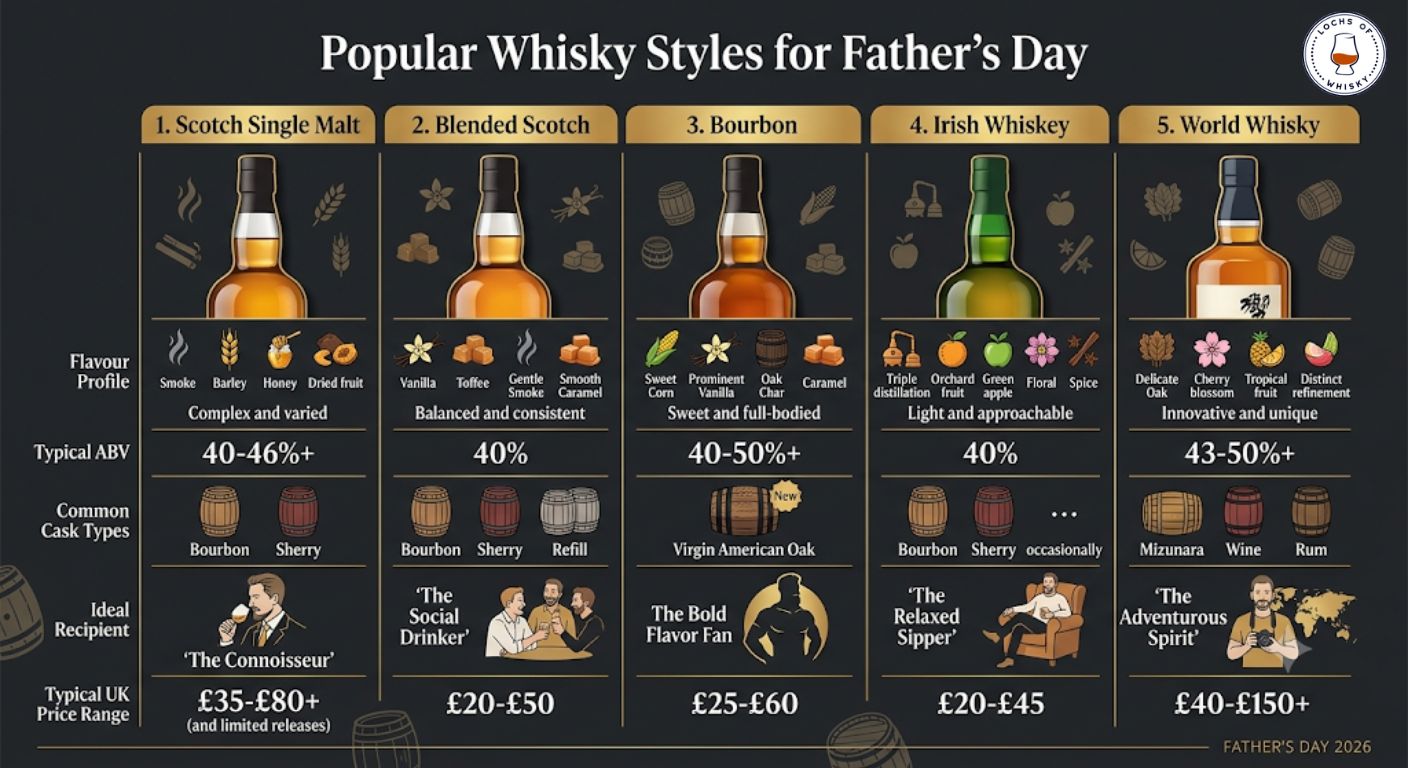 Comparison chart showing different whisky styles, flavour profiles and the type of dad each whisky suits.