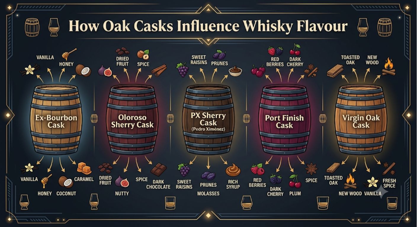 Diagram showing how different whisky cask types influence flavour characteristics.