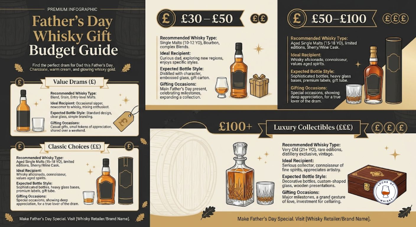 Budget guide showing recommended Father's Day whisky gifts across different price ranges.