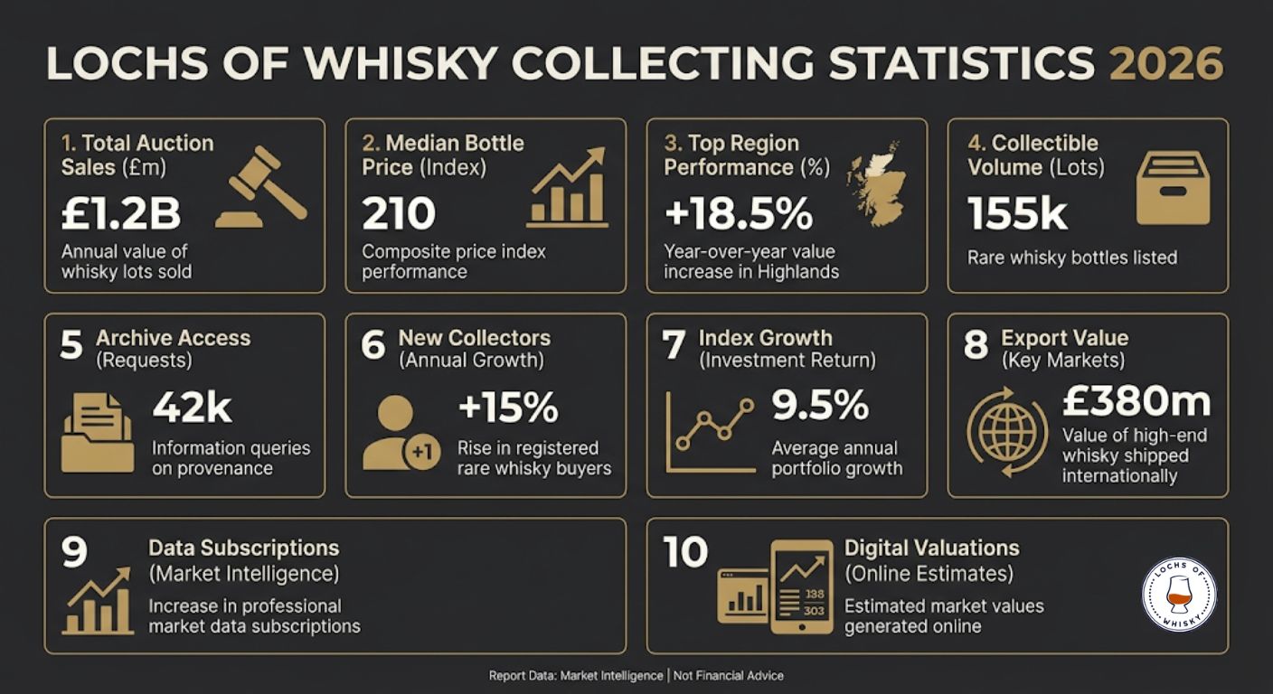Infographic summarising key whisky collecting statistics for 2026, including auction activity, bottle values, collector behaviour, distillery representation and market trends.