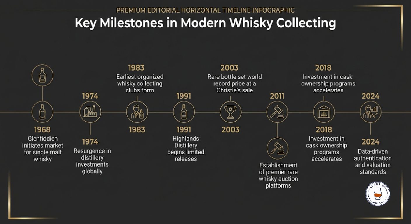 Timeline infographic showing major milestones that shaped the modern whisky collecting market, from distillery closures to record-breaking auction sales.