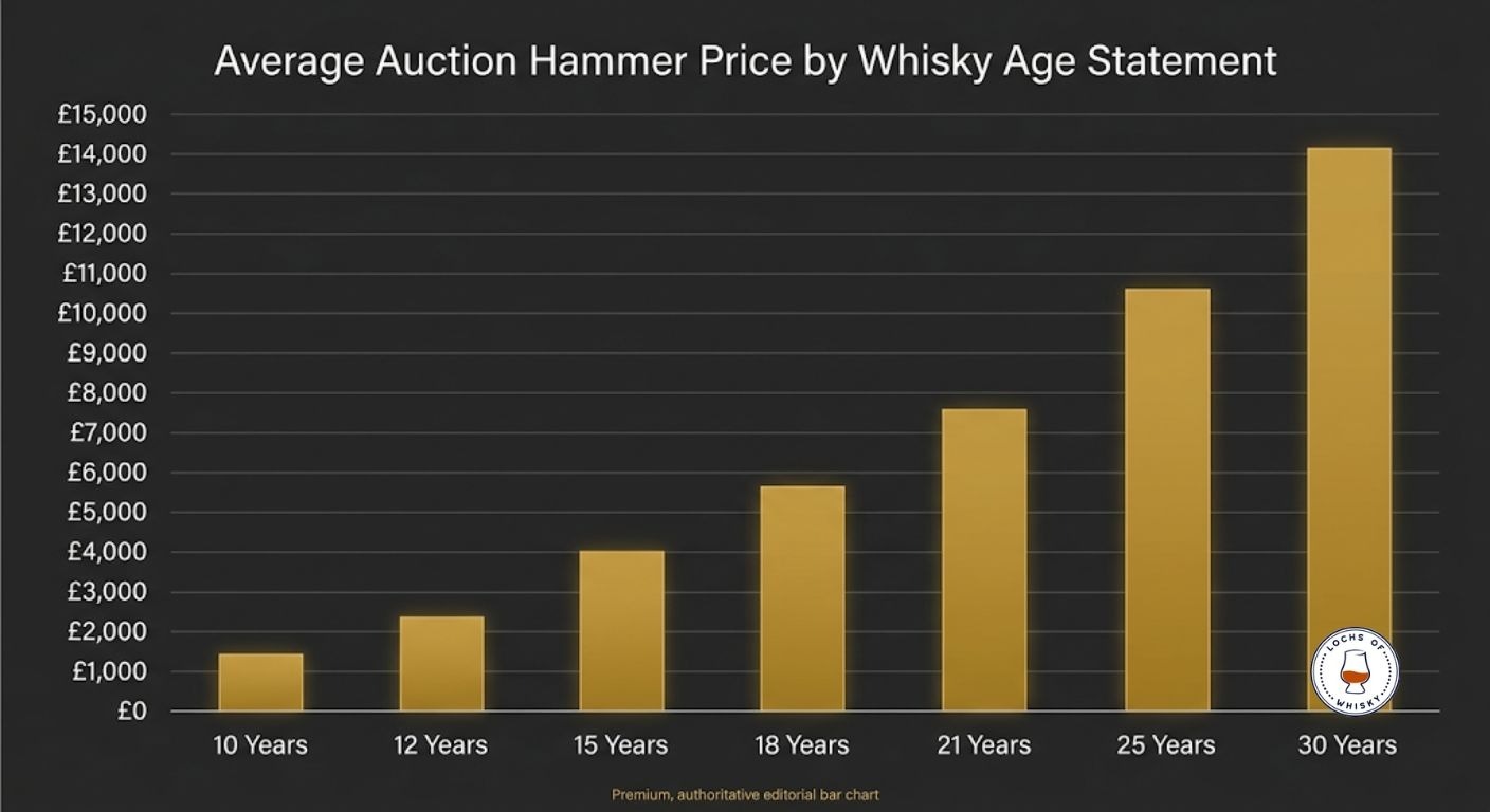 Bar chart comparing average auction hammer prices across different whisky age statements.