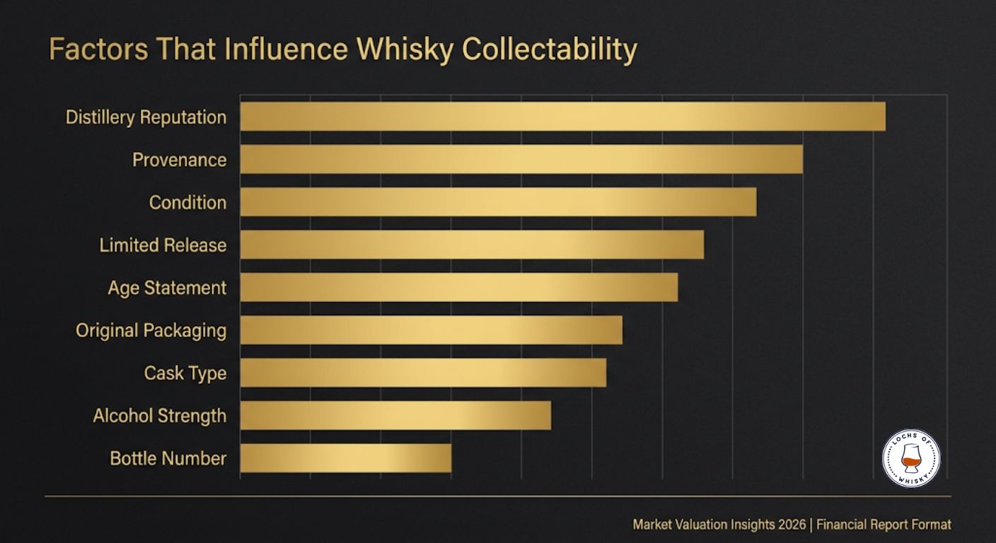 Ranking chart showing the relative importance of different factors influencing whisky collectability.