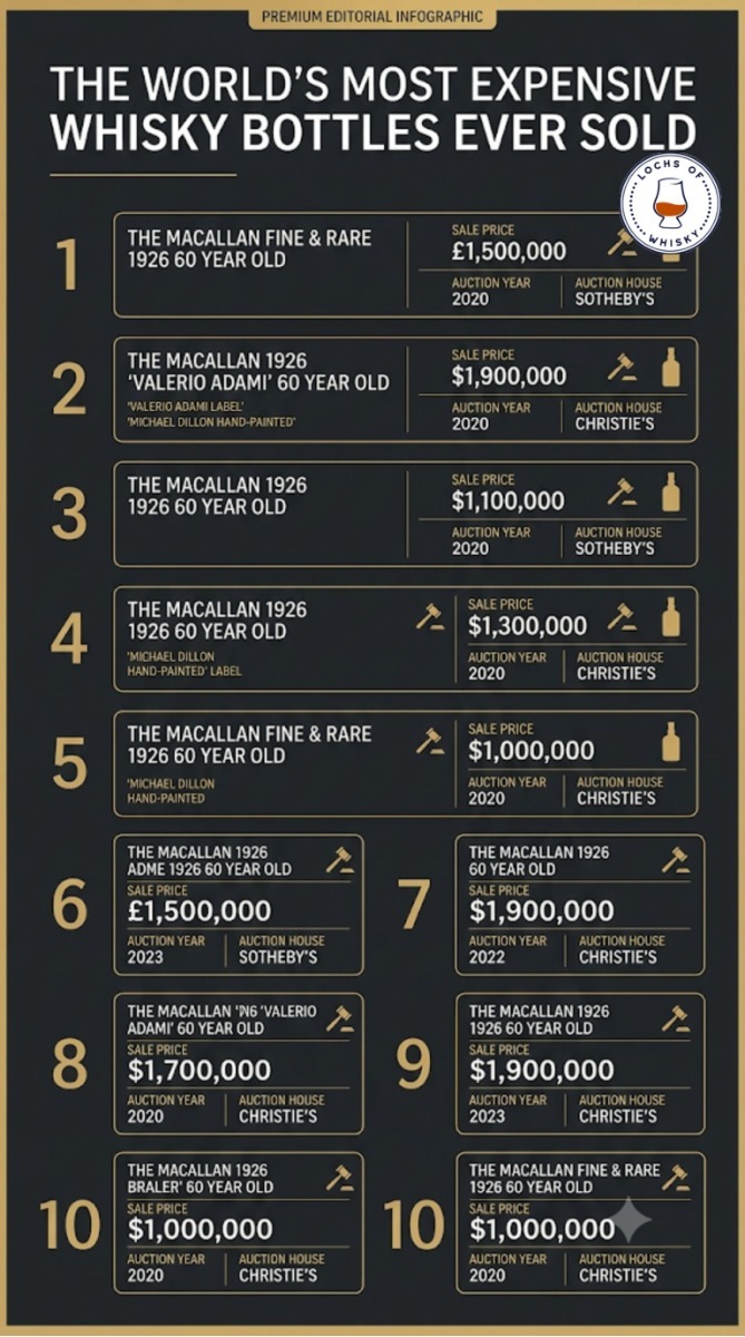 Infographic ranking the ten highest-priced whisky bottles ever sold at auction, including sale prices, auction years and auction houses.