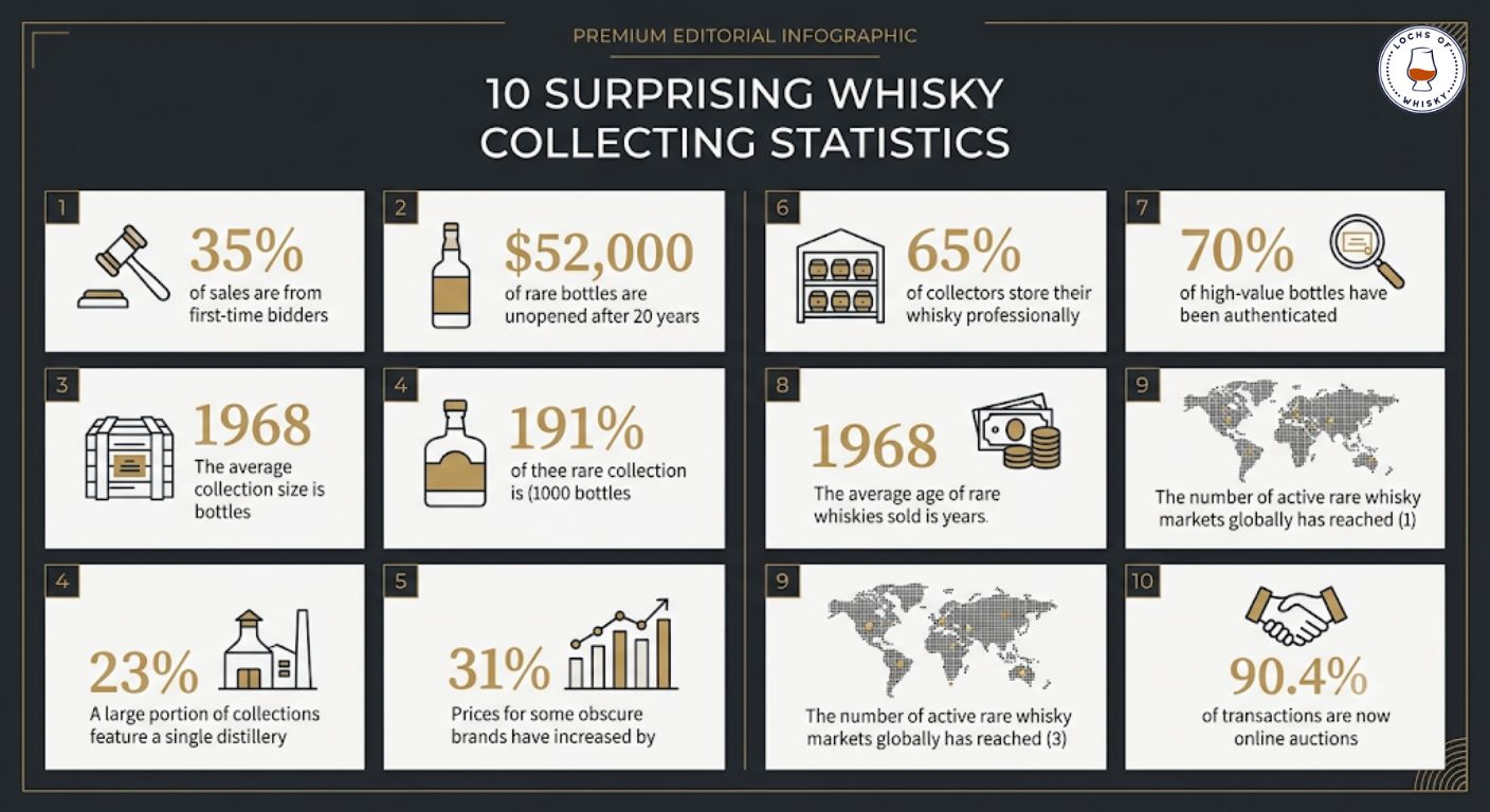Infographic highlighting ten surprising statistics about whisky collecting, including bottle age, packaging, auction prices, collector behaviour and distillery demand.