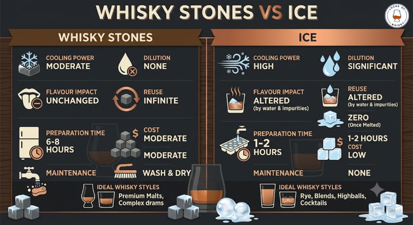 Comparison infographic showing the key differences between whisky stones and ice, including cooling performance, dilution, flavour impact and ideal use cases.