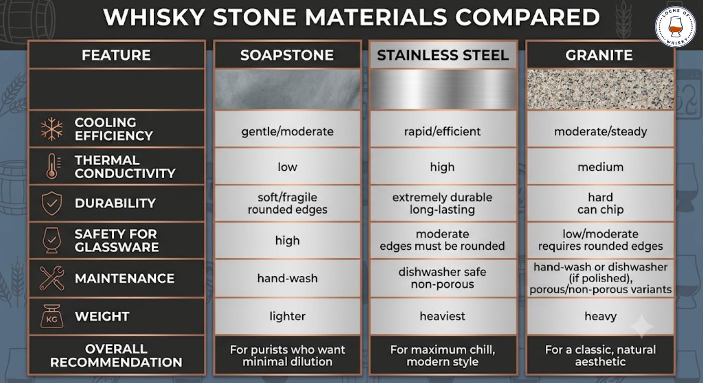 Infographic comparing soapstone, stainless steel and granite whisky stones by cooling ability, durability and suitability for whisky.