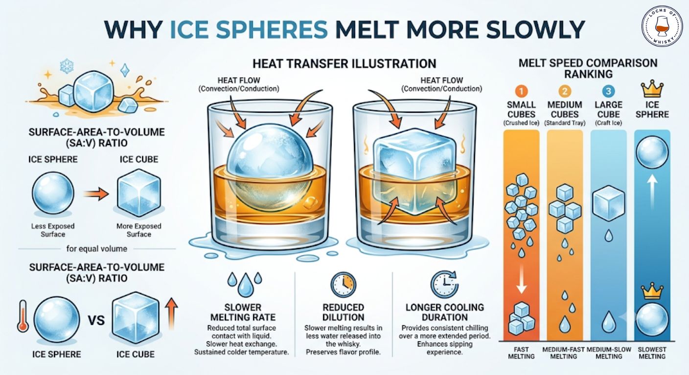 Scientific infographic explaining why large ice spheres melt more slowly than cubes because of their lower surface area relative to volume.