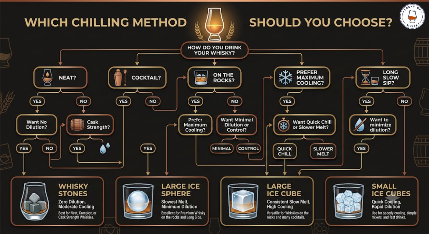 Decision tree helping readers choose between whisky stones, ice spheres, large cubes or regular ice depending on how they drink whisky.