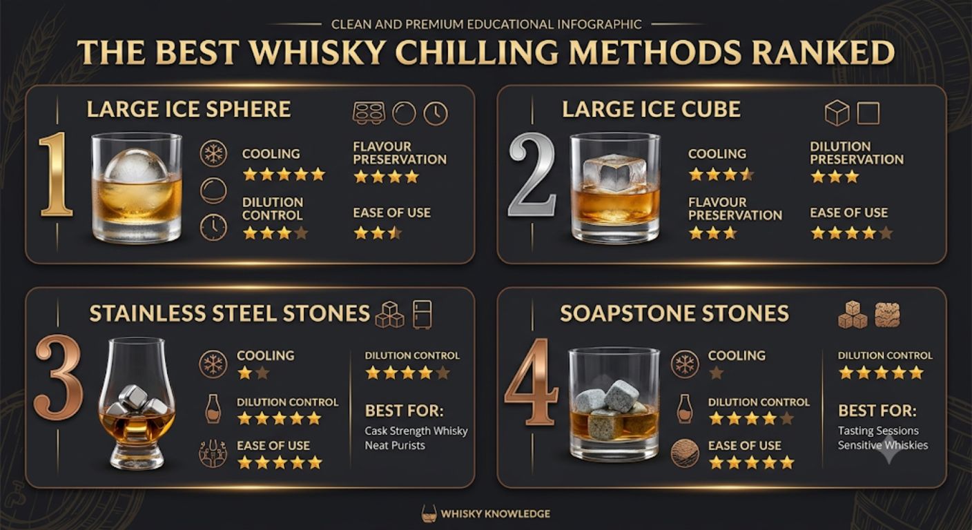 Summary infographic ranking whisky chilling methods by cooling performance, dilution control, flavour preservation and recommended use.