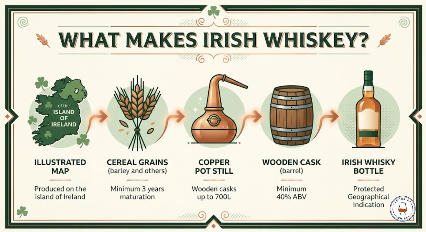 Infographic explaining the legal definition of Irish whiskey including production location, maturation rules and minimum ABV.