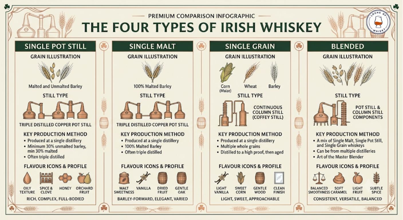 Comparison chart showing the four legally recognised styles of Irish whiskey and how they differ.